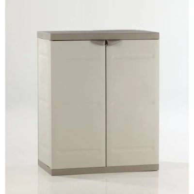 a white cabinet with two doors and a grey top