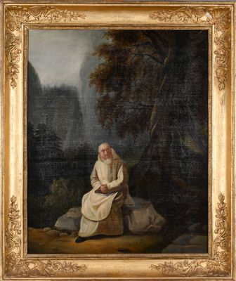 un vieux tableau représentant une femme assise sur un rocher dans un environnement boisé