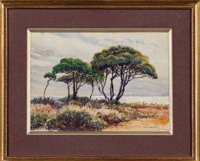une peinture à l'huile représentant trois arbres sur une plage au bord de l'océan