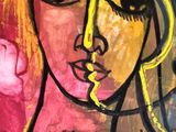a painting of a woman ' s face on a pink background