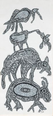 embroidery design of an elephant and a bird on top of a table