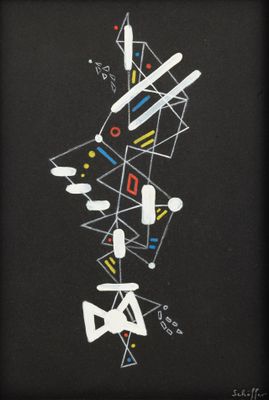un dessin en noir et blanc représentant un instrument de musique sur fond noir