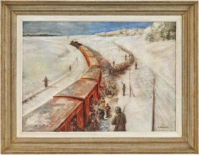 une peinture à l'huile représentant un train traversant une campagne enneigée