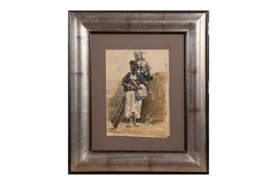 tableau représentant un soldat avec un chien en laisse, dans un cadre en bois