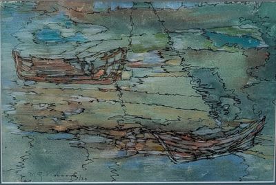 peinture d'un bateau sur l'eau sur fond de ciel
