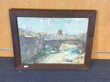 an oil painting of a bridge over a river with buildings in the background