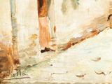 a painting of a cat sitting on the sidewalk