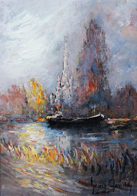 a painting of a boat on a river with trees in the background