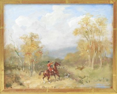 painting of a man riding a horse in a wooded area with a dog