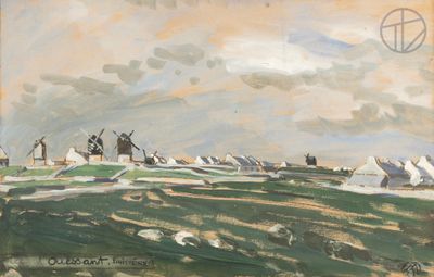 painting of windmills in a field with a cloudy sky in the background