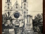 a drawing of a church with a clock on it