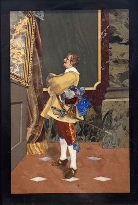 tableau représentant un homme vêtu d'un manteau jaune tenant un sac bleu et blanc
