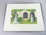an image of a painting of a garden with statues and trees