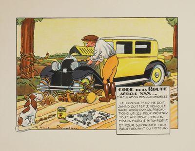 illustration of a man working on a car with a dog nearby