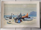 une image d'une peinture de bateaux sur la plage