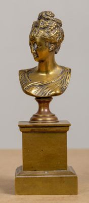 paire de bustes de femmes en bronze posés sur des socles, disposés sur une table en bois