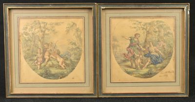 two framed pictures of a couple of paintings on a wall