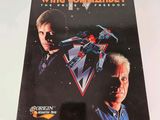 the cover of wing commander, with two men in front of a spaceship