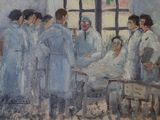 a painting of a group of people in a hospital room