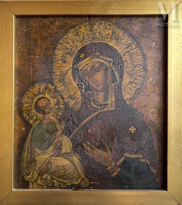 une peinture ancienne représentant une femme tenant un enfant sur ses genoux