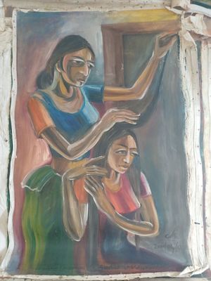 un tableau représentant une femme en train de peigner les cheveux d'une autre femme