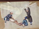 a painting on the wall of a man being carried by two men