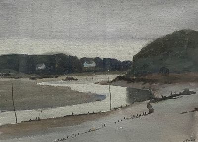 a watercolor painting of a beach with boats on the water