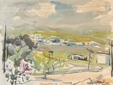 a watercolor painting of a view of a town from a window