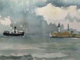 a painting of a boat and a boat in the water