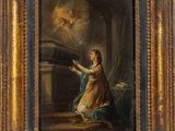 un tableau représentant une femme agenouillée devant un piano
