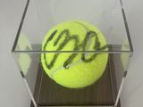 une balle de tennis dans une boîte transparente ornée d'un graffiti