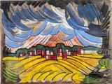 tableau représentant une scène de vie à la ferme avec une grange rouge au loin