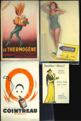 four vintage french advertising posters of a woman in a bathing suit and a man in a bathing suit