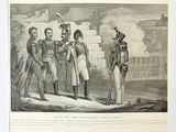 a drawing of a group of men standing in front of a building