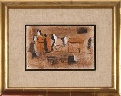 painting of a horse drawn by a man in a stable