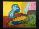 un tableau représentant un homme assis à une table avec une miche de pain