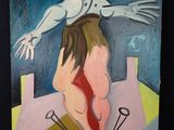une peinture à l'huile représentant un homme debout sur le dos d'une femme