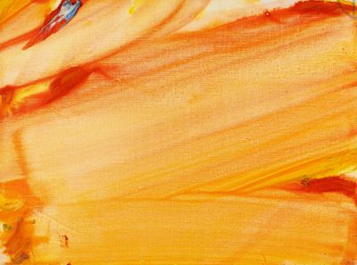 an abstract painting of a bird sitting on top of a yellow piece of paper