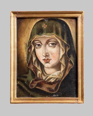 a painting of a woman wearing a green head scarf