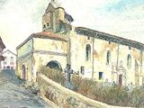 a painting of a building with a clock tower on it