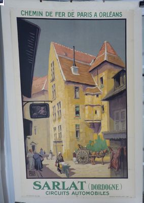 une affiche représentant un bâtiment devant lequel se trouve une calèche