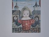 a picture of a painting of a baby in a red dress