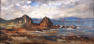 une peinture à l'huile représentant une plage rocheuse avec des voiliers au loin