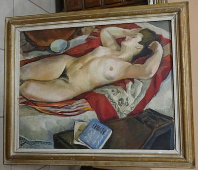 a painting of a nude woman laying on a bed