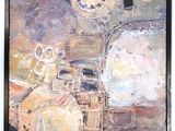 abstract painting of a room with a clock and a chair in it