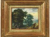un tableau représentant un paysage boisé avec des personnages au premier plan