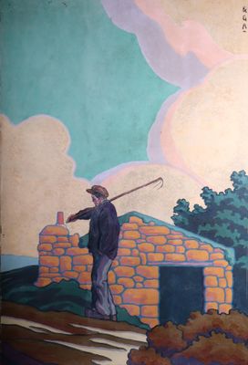 peinture d'un homme debout devant un bâtiment en briques avec un club de golf au premier plan