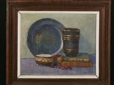 an oil painting of a bowl and a book on a table