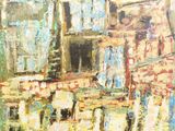 une peinture à l'huile représentant un bâtiment avec de nombreuses fenêtres