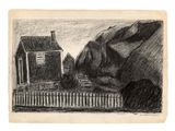 un dessin représentant une maison et une clôture, avec une montagne en arrière-plan